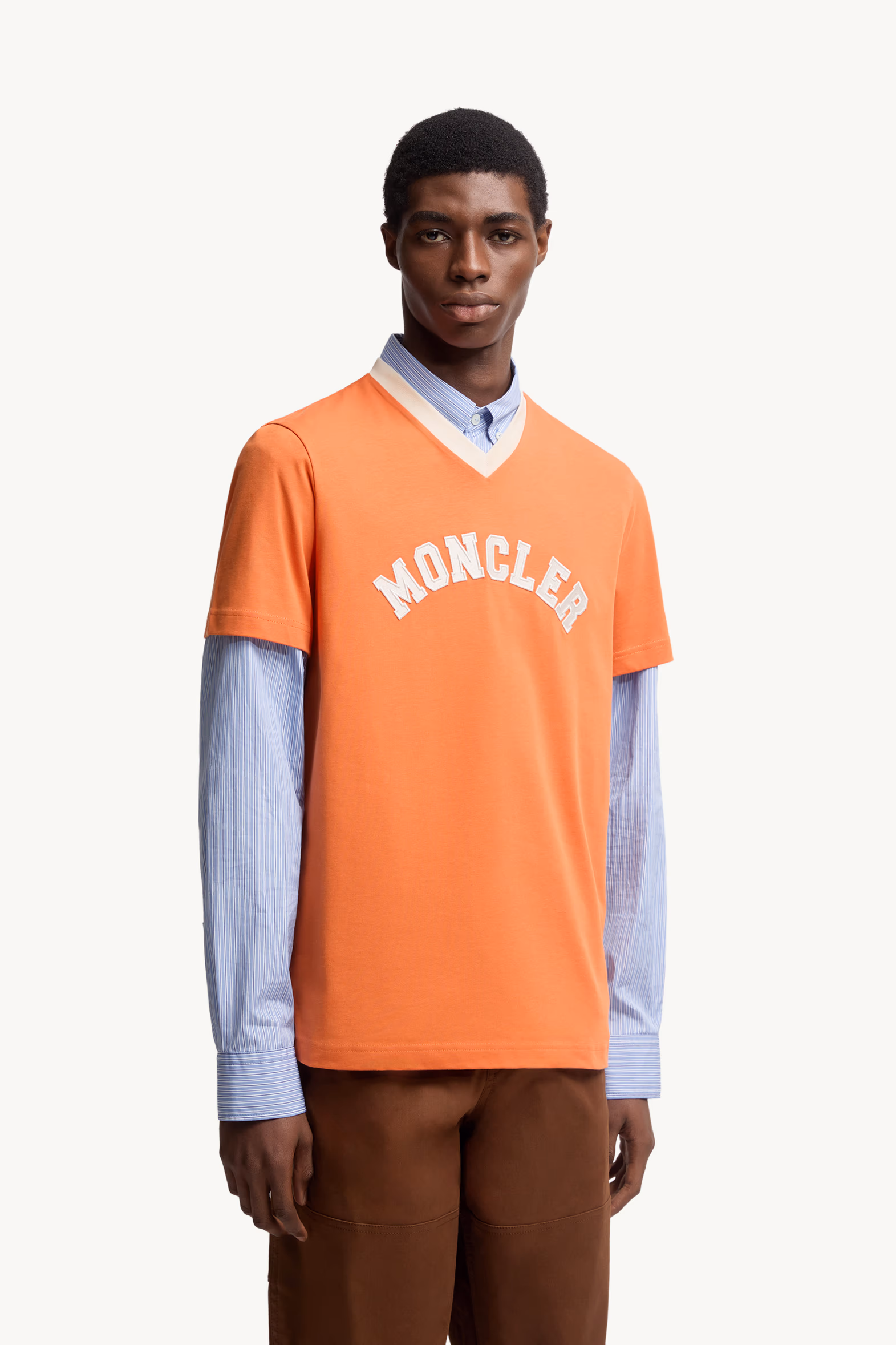 Embroidered Logo Cotton Piquet V-Neck T-Shirt Men Orange Moncler 3